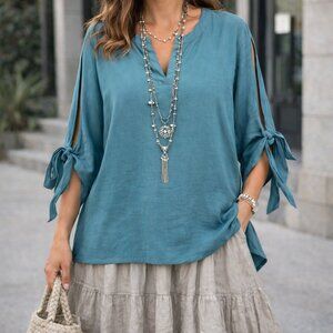 Soft Surroundings Aqua Tencel Tunic Blouse Boho Lagenlook Casual‎ Chic Womens L